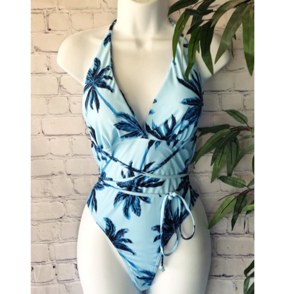 Tropic-chic Coco Palm One-Piece Swimsuit in Azure Blue